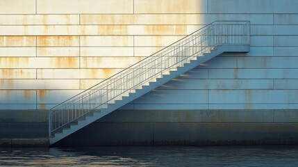 Fototapeta premium Exterior metal stairs beside a weathered wall near water
