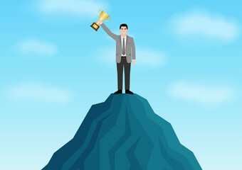 Businessman Holding Trophy on the Top of Mountain. Goal Achievement and Business Success Concept. Vector Illustration.