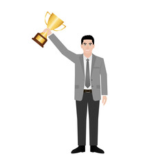 Businessman Holding Trophy. Goal Achievement and Business Success Concept. Vector Illustration.