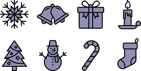 Christmas winter holiday icon set with snowflake, bells, gift box, candle, tree, snowman, candy cane, stocking vector illustration