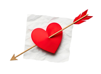 Red heart pierced by an arrow on crumpled paper background isolated on transparent background