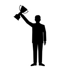 Businessman Holding Trophy Silhouette. Goal Achievement and Business Success Concept. Vector Illustration.