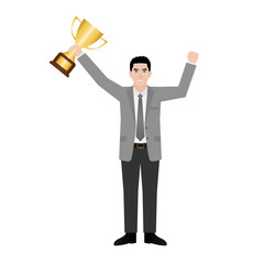 Businessman Holding Trophy. Goal Achievement and Business Success Concept. Vector Illustration.