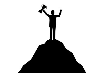 Businessman Holding Trophy on the Top of Mountain Silhouette. Goal Achievement and Business Success Concept. Vector Illustration.