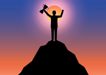 Businessman Holding Trophy on the Top of Mountain Silhouette against Sunset. Goal Achievement and Business Success Concept. Vector Illustration.