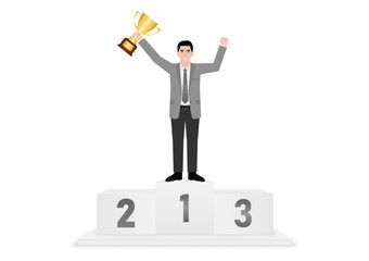 Businessman Holding Trophy on Sport Podium. Goal Achievement and Business Success Concept. Vector Illustration.
