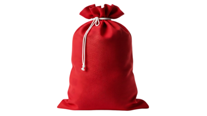 A red sack full of gifts tied with a white string on a black background