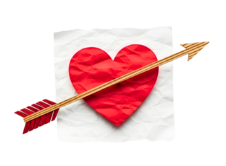 Red heart pierced by an arrow on crumpled transparent background with love theme