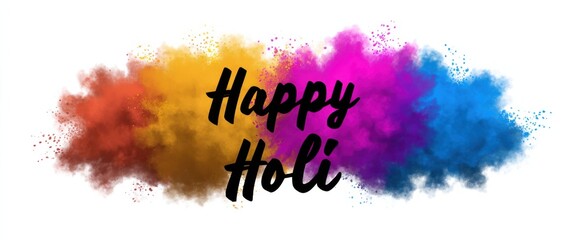 Happy Holi text dances like rainbow fireworks with vivid color bursts celebrating joy.