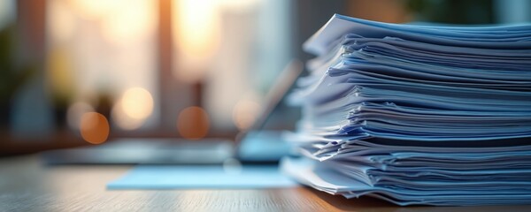 Large stack of papers and documents on desk, symbolizing heavy workload, office tasks, and paperwork management. Business and organization themes represented.