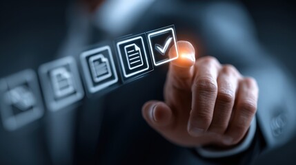 Businessman confirms digital invoice for B2B procurement using erp system workflow for paperless approval and efficient business operations