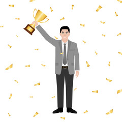 Businessman Holding Trophy. Goal Achievement and Business Success Concept. Vector Illustration.