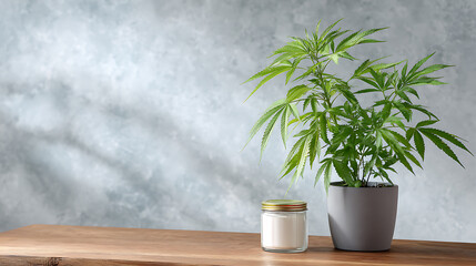 Fototapeta premium Cannabis plant in pot on wooden table and concrete wall background