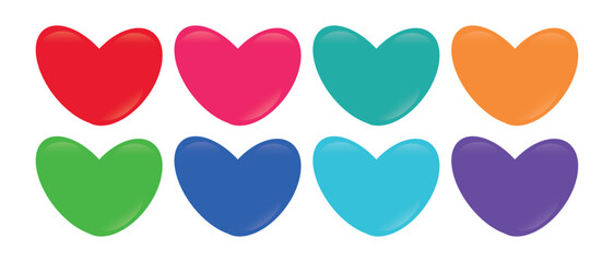 Set of glossy, colorful, plump heart icons in various vibrant colors