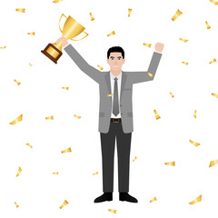 Businessman Holding Trophy. Goal Achievement and Business Success Concept. Vector Illustration.