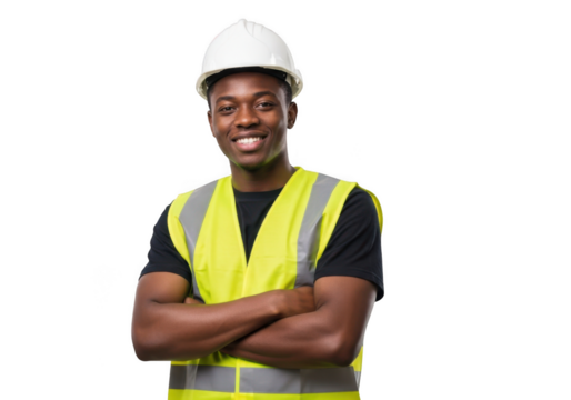 Confident construction worker isolated on transparent background - Powered by Adobe