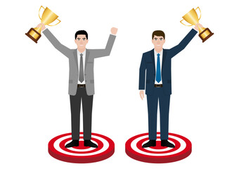 Businessman Holding Trophy on Sport Podium. Goal Achievement and Business Success Concept. Vector Illustration.