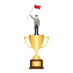 Businessman Holding Victory Flag on Trophy. Business Opportunity and  Career Success Concept. Vector Illustration. 
