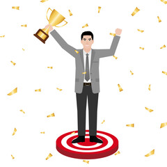 Businessman Holding Trophy. Goal Achievement and Business Success Concept. Vector Illustration.