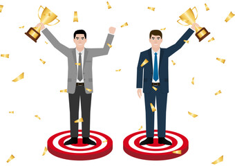 Businessman Holding Trophy. Goal Achievement and Business Success Concept. Vector Illustration.