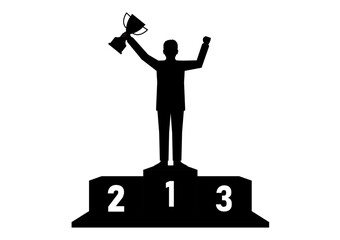 Businessman Holding Trophy on Sport Podium Silhouette. Goal Achievement and Business Success Concept. Vector Illustration.