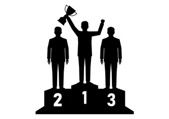 Businessman Holding Trophy on Sport Podium Silhouette. Goal Achievement and Business Success Concept. Vector Illustration.