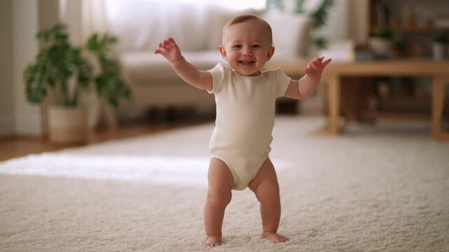 A happy baby taking its first steps in a bright, inviting living room Stock Video