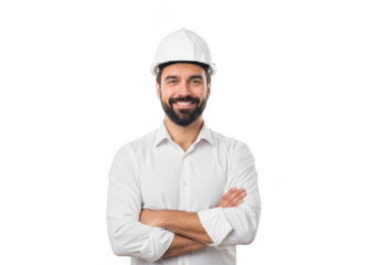 Smiling engineer with hard hat isolated on transparent background