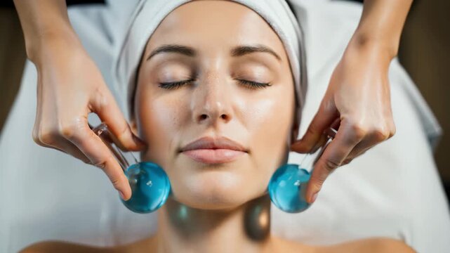 Cosmetic cold therapy facial treatment with ice globes, glass cooling tools applied symmetrically to cheeks, professional skincare procedure for de puffing and toning, modern aesthetic medicine