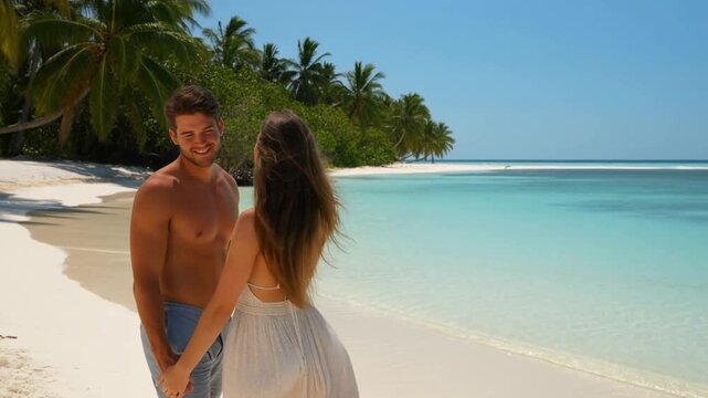 Couple standing and holding hands on the beach with tropical scenery Stock Video