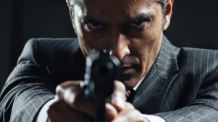 Man in a suit aiming a gun directly at the viewer with a serious expression