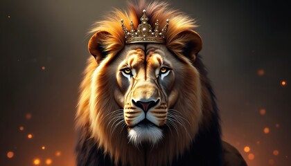Fototapeta premium Majestic lion wears ornate golden crown looking forward intensely. Regal king of beasts symbol with majestic mane. Powerful animal representation, royal emblem.