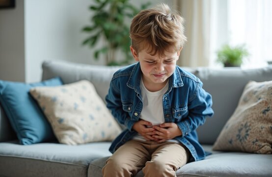 Young boy sits alone on couch holding stomach. He grimaces, bent over with pain, possibly from food poisoning or sickness. Child looks unwell. He suffers discomfort.