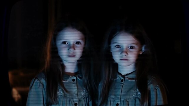 Two young girls with long hair and a mysterious gaze staring directly at the camera, a sense of foreboding Stock Video