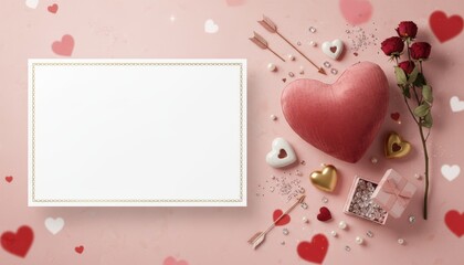 Romantic heart-shaped decorations and flowers for special occasions warm indoor setting aesthetic flat lay photography vivid colors and textures