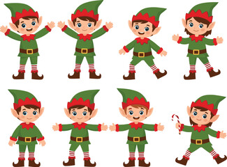 Cute Cartoon Christmas Elf Boys Set Standing in Various Poses and Holding Candy Cane Vector Illustration for Festive Holiday Designs.
