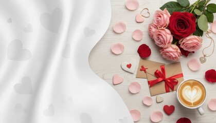 Romantic coffee date setup with roses and heart petals on white fabric indoor setting still life photography cozy atmosphere love concept