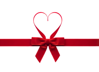 Red ribbon with bow forming heart shape on isolated transparent background for valentines day