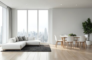 Fototapeta premium Modern white living room and dining area with large windows overlooking city. Features a sectional sofa, dining table with chairs, and plant. Bright and airy space.