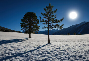 Snow-covered meadow under full moon, two pine trees on a hillside