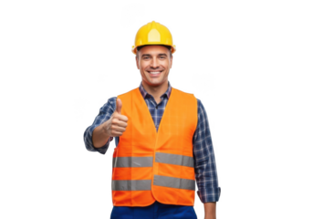 Smiling construction worker giving thumbs up isolated on transparent background