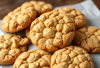 Golden brown peanut butter cookies, crunchy peanuts, buttery crumb, rich texture,  nutty,  rustic