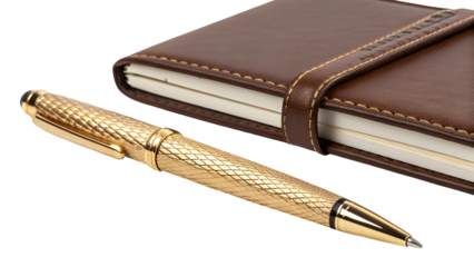 Golden Pen and Leather Bound Diary: A close-up shot of an elegant golden pen placed near a meticulously crafted leather-bound diary, capturing the essence of professionalism and creativity.