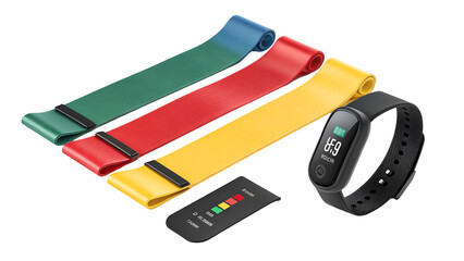 Fitness Resistance Bands Set with Smart Fitness Tracker and Progress Card on White Background