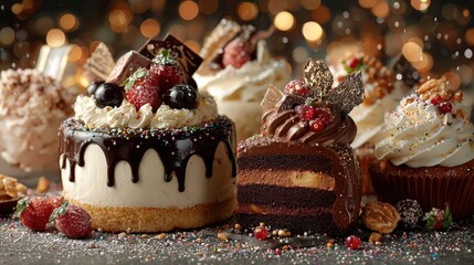 Selection of delectable desserts sit on a table during a festive holiday celebration with brightly colored confetti sprinkled around them
