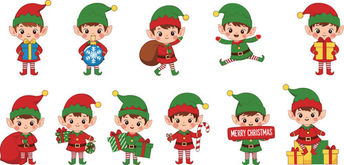 Set of Cute Cartoon Christmas Elf Boys in Red and Green Costumes Holding Presents and Decorations Vector Illustration for Holiday Designs.