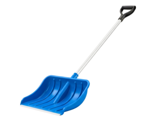 Blue snow shovel with black handle isolated on transparent background for winter cleaning