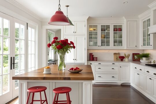 Modern kitchen with red accents and flowers on island