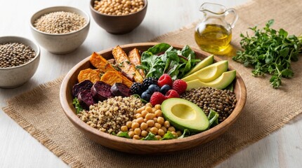 Obraz premium The plant based diet prioritizes colorful fruits hearty vegetables wholesome grains and nutritious legumes.