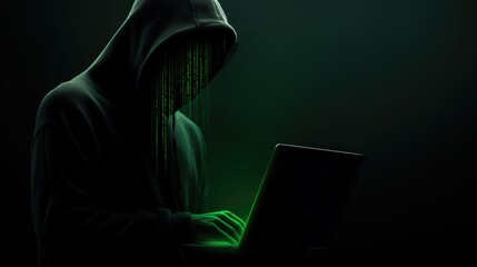 A focused developer works on cybersecurity concepts from home, illuminated by glowing green digital code on a dark background.